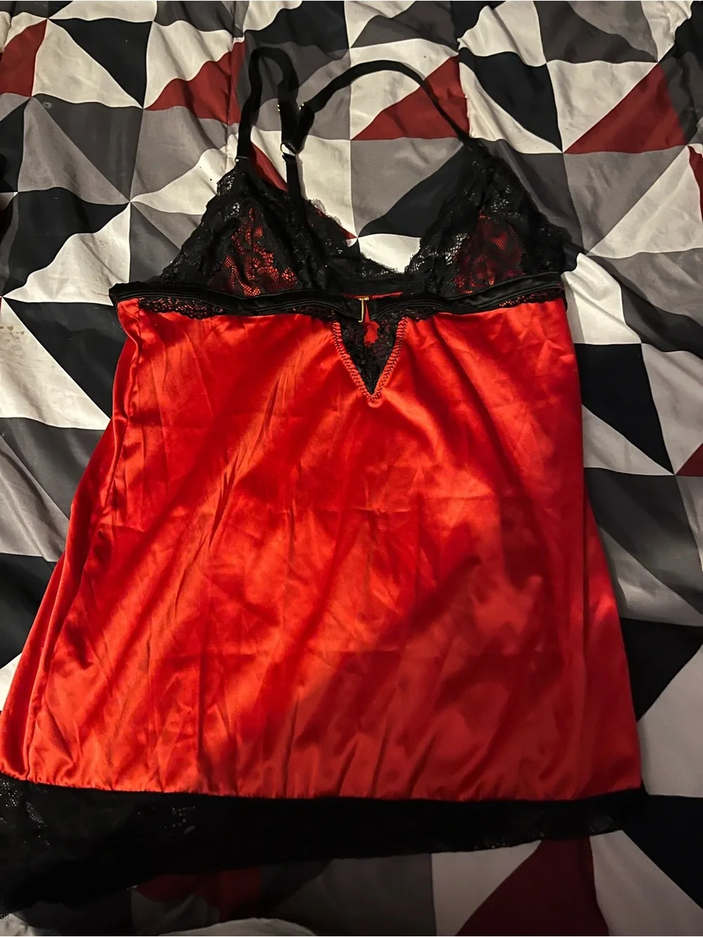 Victoria's Secret Red Satin Chemise with Black Lace Trim